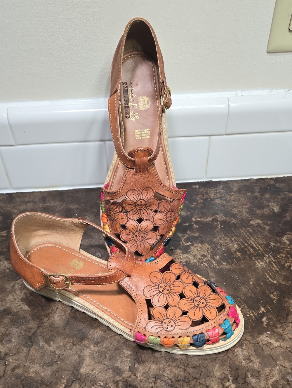 Women’s Floral Cutout Leather Sandals in Tan with Multicolor Trim